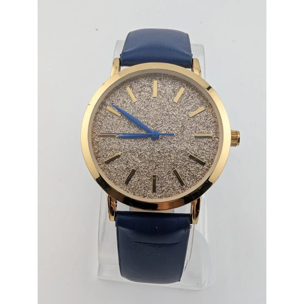 MSPCI‎ Glitter Dial Women's Watch 36mm Gold Case Blue Faux Leather Band- Working